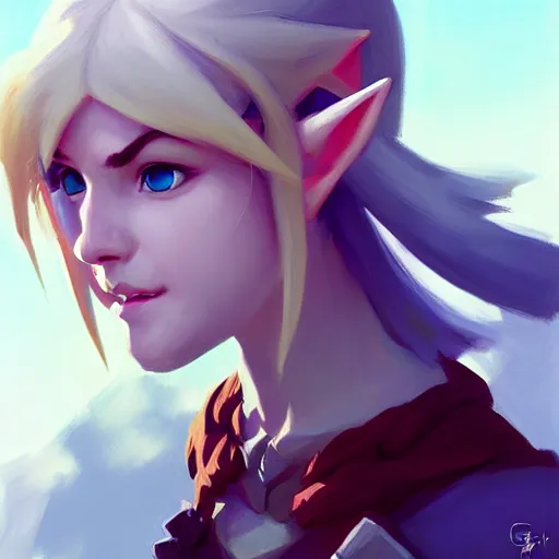 Prompt: portrait of a female Link from Legend of Zelda, medium shot, asymmetrical, profile picture, Organic Painting, sunny day, Matte Painting, bold shapes, hard edges, street art, trending on artstation, by Greg Manchess and Huang Guangjian and Loish and Gil Elvgren and Sachin Teng