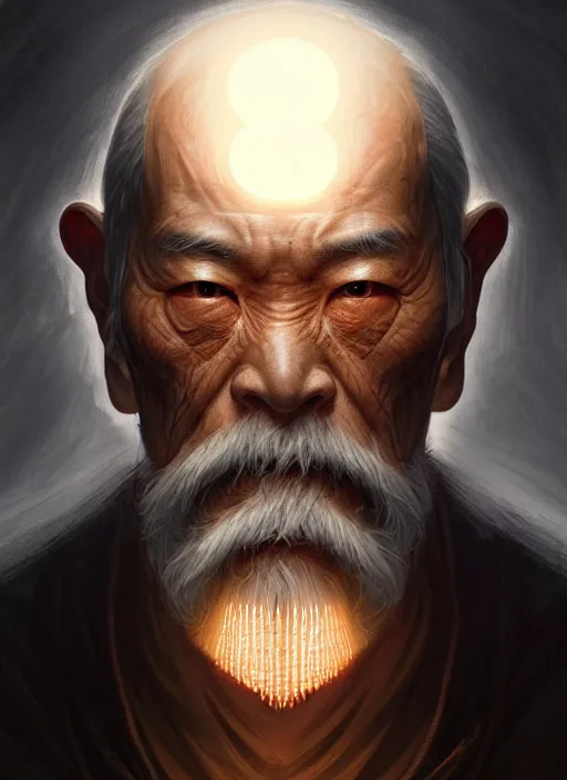 Image similar to symmetry!! portrait of old man japanese warrior, tech wear, glowing lights!! intricate, elegant, highly detailed, digital painting, artstation, concept art, smooth, sharp focus, illustration, art by artgerm and greg rutkowski and alphonse mucha