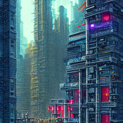 Image similar to mysterious cyberpunk building in the city, fantasy landscape, extremely detailed, sharp focus, pixelart, wide view, digital illustration, by dan mumford, greg rutowski, johan grenier