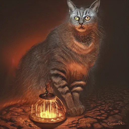 Image similar to photorealistic demonic cat in the style of michael whelan and gustave dore. hyperdetailed photorealism by greg rutkowski. 1 0 8 megapixels, 3 d finalrender, cinematic lighting