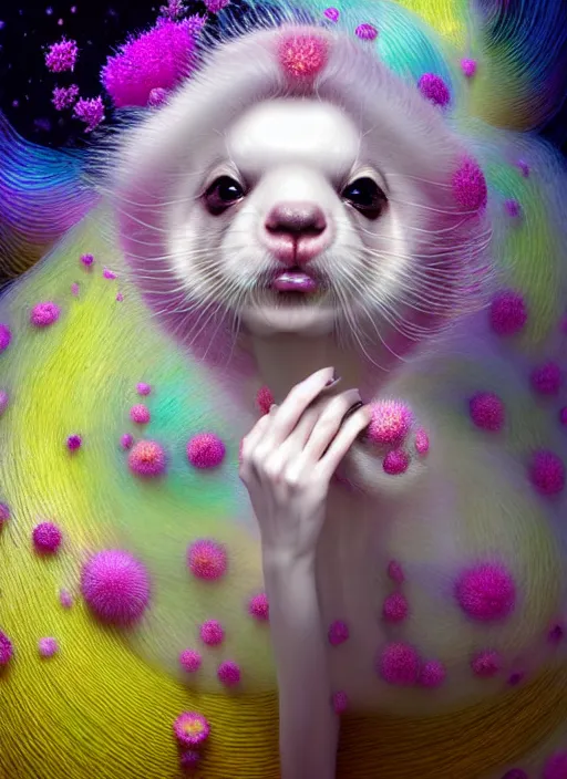 Image similar to hyper detailed 3d render like a Oil painting - kawaii portrait Aurora (white haired Singer Ferret) seen Eating of the Strangling network of yellowcake aerochrome and milky Fruit and Her delicate Hands hold of gossamer polyp blossoms bring iridescent fungal flowers whose spores black the foolish stars by Jacek Yerka, Mariusz Lewandowski, Houdini algorithmic generative render, Abstract brush strokes, Masterpiece, Edward Hopper and James Gilleard, Zdzislaw Beksinski, Mark Ryden, Wolfgang Lettl, hints of Yayoi Kasuma, octane render, 8k