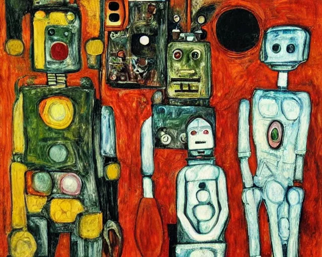 Prompt: a painting of a robot family portrait by graham sutherland, egon schiele, expressionism