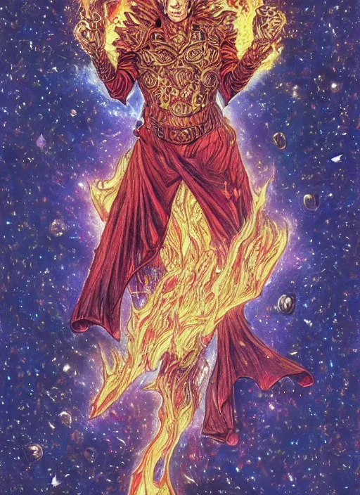 Image similar to high intricate colored ink drawing of the sandman holding a glimmering fire - galaxy, full shot, neil gaiman, maria panfilova, andrea savchenko, mike kime, ludovic plouffe, qi sheng luo, oliver cook, julian calle, eddie mendoza, trending on artstation