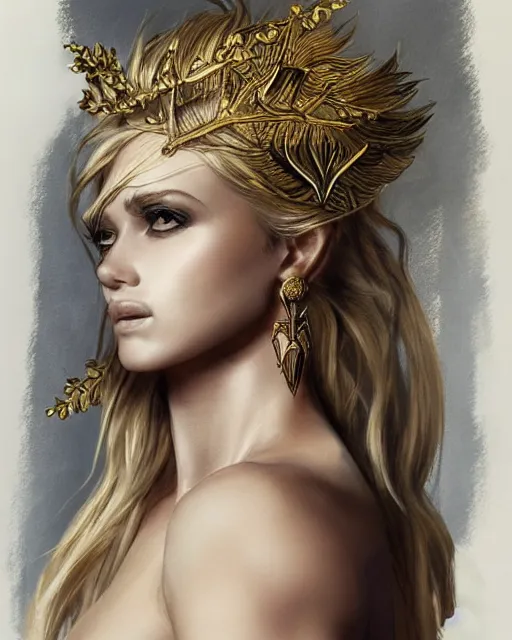 Image similar to tattoo sketch of blonde super model aphrodite greek goddess wearing a gold laurel wreath and triangle earrings, beautiful piercing gaze with sharp pupils, in the style of greg rutkowski, fantasy, amazing detail, epic, elegant, smooth, sharp focus, front view