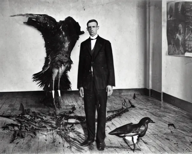 Image similar to early 1 9 0 0 s photo of a man in a suit next to a colossal black taxidermied bird, black and white, newspaper clipping