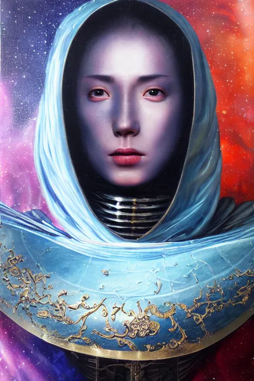 Image similar to hyperrealism oil painting, close-up portrait of medieval fashion model, knight, steel gradient mixed with nebula sky, in style of baroque mixed with 70s japan book art