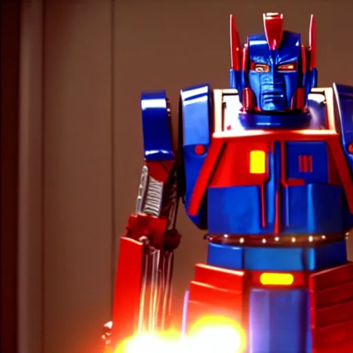 Image similar to mr. bean as optimus prime from the transformers movie. movie still. cinematic lighting.