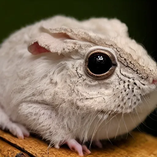 Image similar to photo of hybrid between an angora rabbit and a frog toad