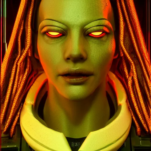 Image similar to cyberpunk insect alien face portrait, detailed face, sharp focus, synthwave art, aesthetic, octane render, raw, cinematic