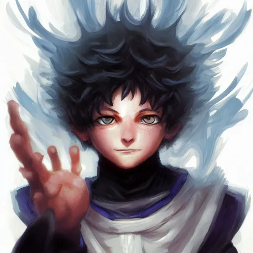 Image similar to portrait portrait portrait of Killua Zoldyck Mage doctor wearing a fireball in his right hand whilst wearing a waterball in his left hand whilst wearing a Shield of Omnipotence greg rutkowski peter mohrbacher anato finnstark marc simonetti Grisaille Realism