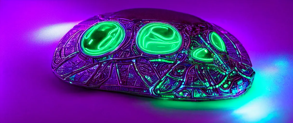 Prompt: high quality photo glowy iridescent cyborg scarab! jeweled very pretty! highly detailed digital art david ligare elson peter cinematic purple neon lighting high quality low angle hd 8k sharp shallow depth of field