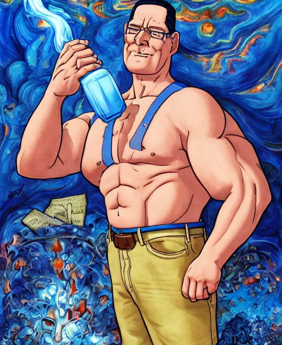 Image similar to normal hank hill wearing bluejeans and white tshirt, the god of propane, blue flames, propane tanks, magic realism, art by mike judge, art by josephine wall, art by huang guangjian, art by viktoria gavrilenko, art by amanda sage, trending on artstation