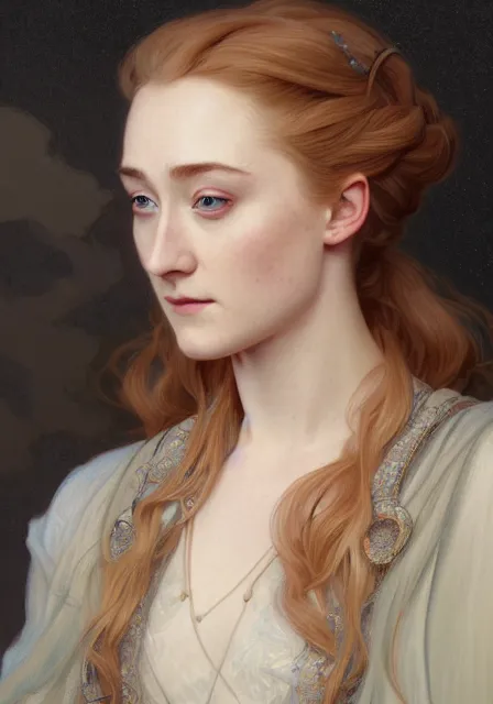 Image similar to sansa saoirse ronan, intricate, elegant, highly detailed, digital painting, artstation, concept art, smooth, sharp focus, illustration, art by artgerm and greg rutkowski and alphonse mucha and william - adolphe bouguereau