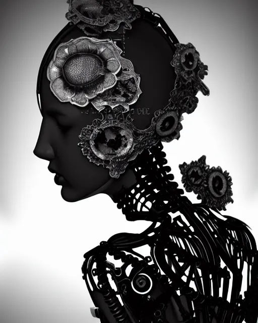Image similar to black and white dreamy foggy smoky profile face portrait, one silver steampunk realistic eye biomechanical beautiful young female cyclope - cyborg - robot bust, body ribs meshes,, volumetric light, hibiscus flowers, by hg giger, rim light, by dora maar and cecile beaton, big gothic fashion pearl embroidered collar, 8 k
