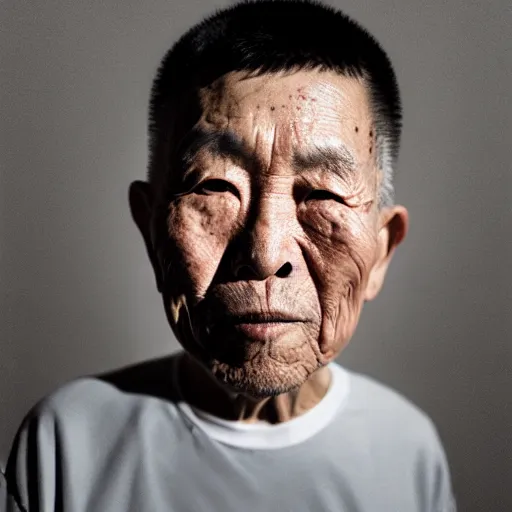 Image similar to a portrait of octogenarian prisoner justin sun with face tattoo of qrcode in prison looking through the laser of his cell, by annie leibovitz, shallow depth of field, cinematic lighting