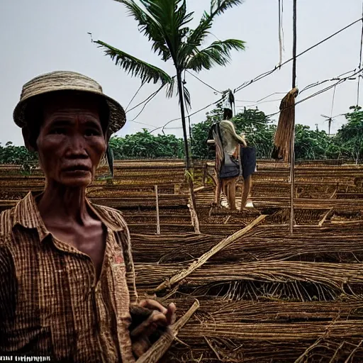 Prompt: hyperrealistic details Indonesian farmers stare sadly at their fields which have become buildings and bridges, winner of the best documentary photo award, with the theme of inequality and poverty