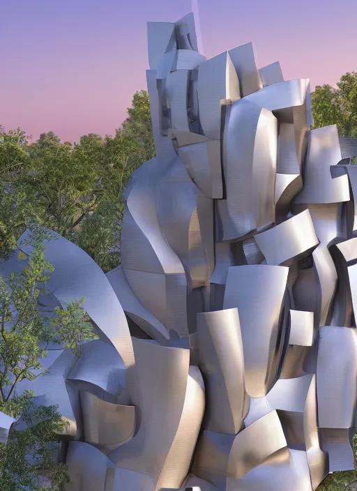 Image similar to highly detailed realistic architecture 3 d render of a futuristic stele monument in frank gehry style standing in city park, archdaily, made in unreal engine 4 octane render