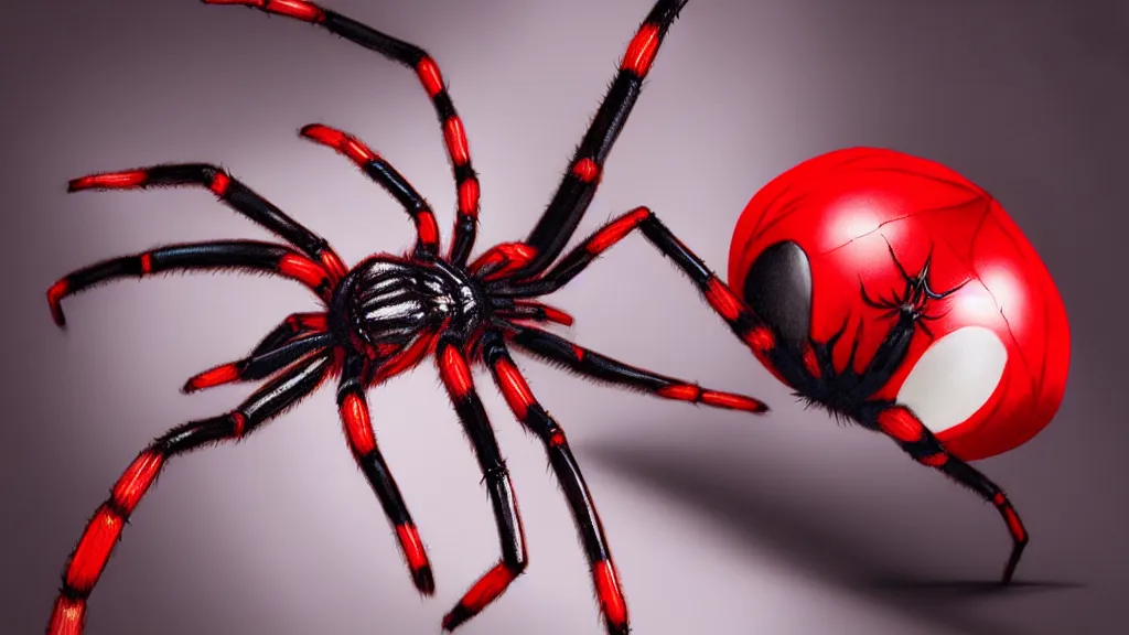 Prompt: a black room with a red and white spider hanging from a thread, ultra detail, photoreal, bright colors, professionally retouched, wide angle, black background, 8 k high definition, insanely detailed, intricate, elegant, art by artgerm and wlop