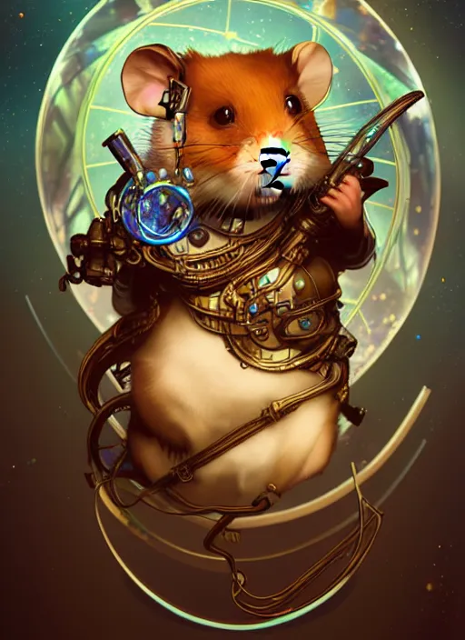 Prompt: illustration of an anthropomorphic hamster, western steampunk cyborg, swirling water cosmos, fantasy, dnd, cinematic lighting, collectible card art, by tan zi and ayanamikodon and alphonse mucha and wlop