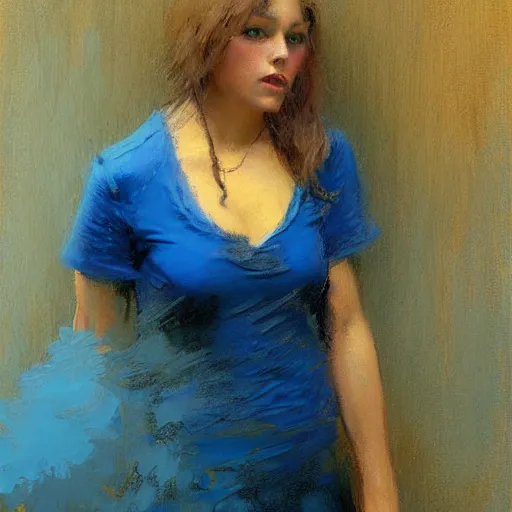 Prompt: a woman in a blue shirt, painting by gaston bussiere, craig mullins