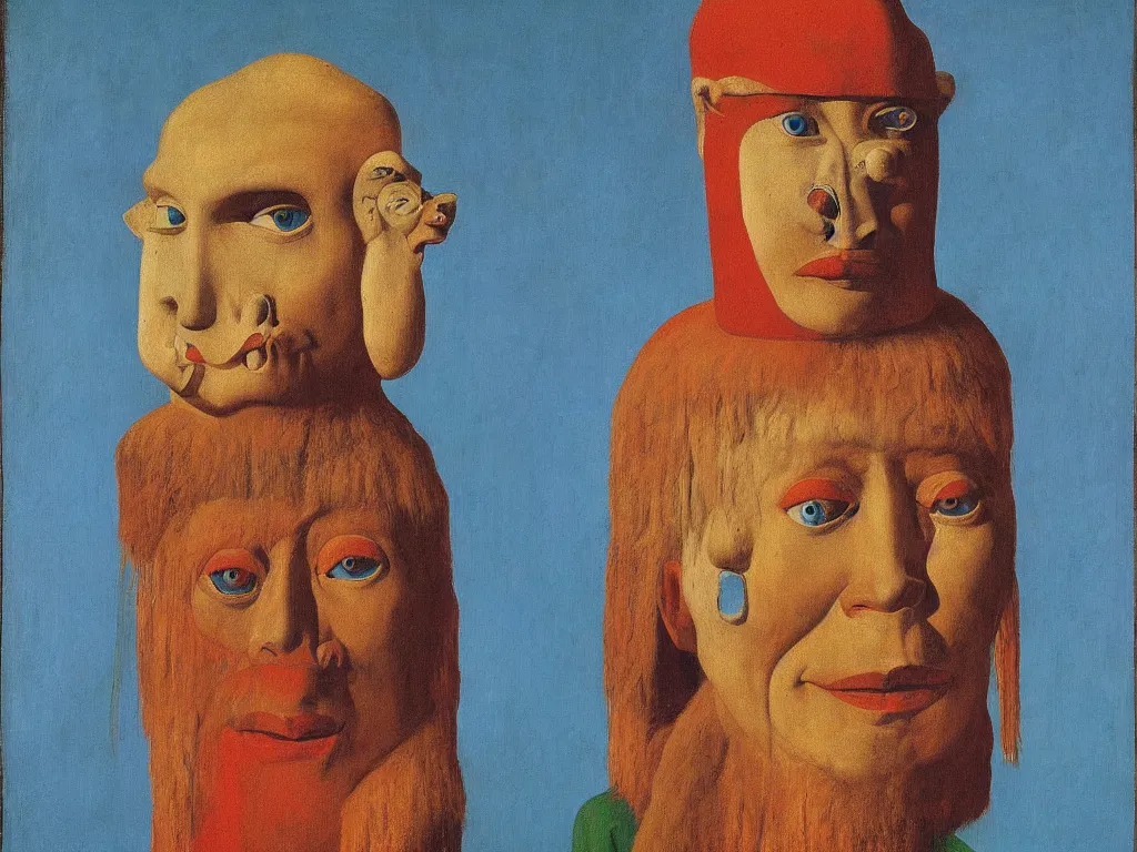 Image similar to Portrait of albino mystic with blue eyes, with totemic archaic simple painted Mayan mask. Painting by Jan van Eyck, Audubon, Rene Magritte, Agnes Pelton, Max Ernst, Walton Ford