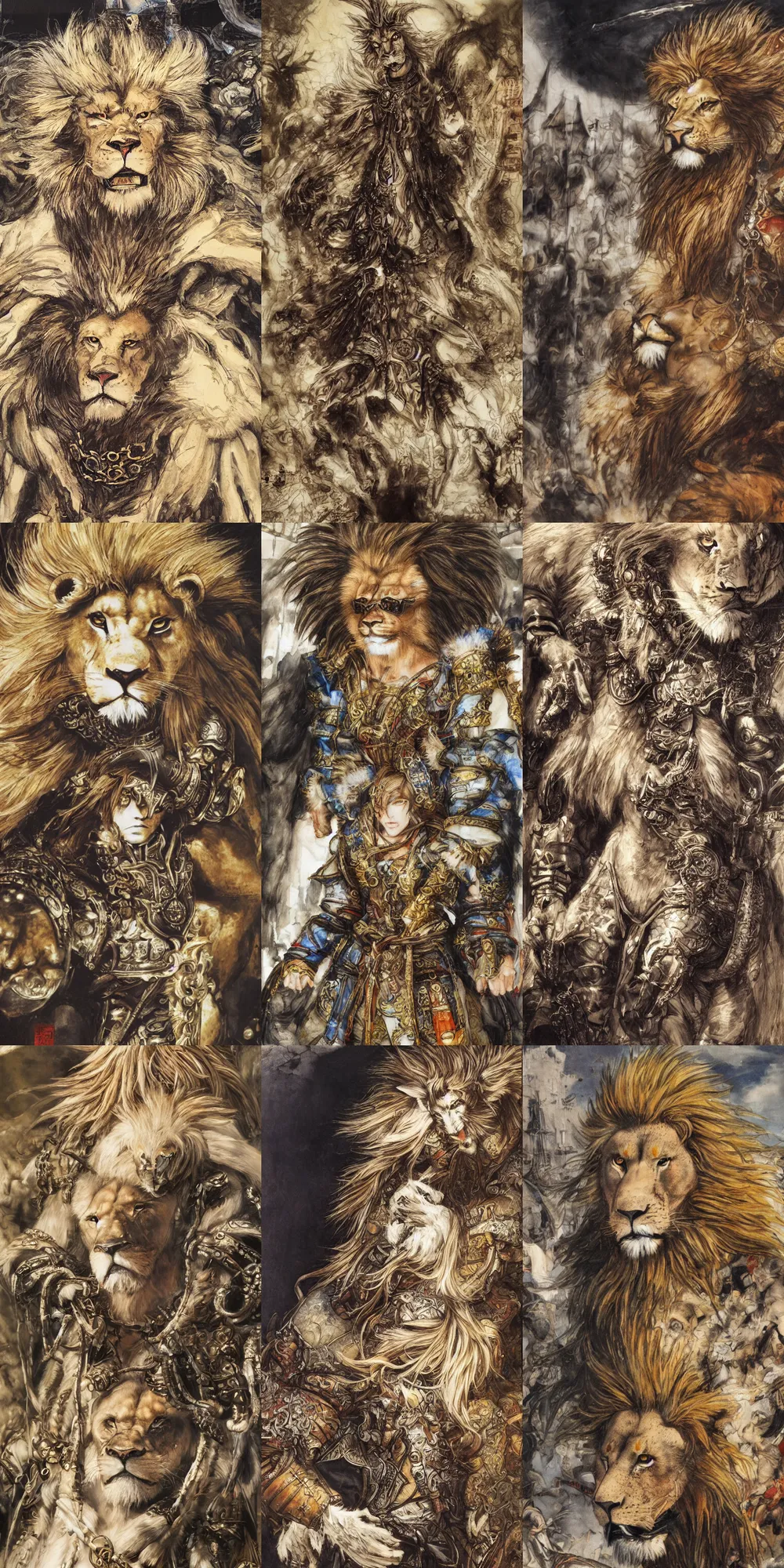 Image similar to 8 k yoshitaka amano painting of upper body of a young cool looking lion beastman with white mane at a medieval market at windy day. depth of field. he is wearing complex fantasy clothing. he has huge paws. renaissance style lighting.