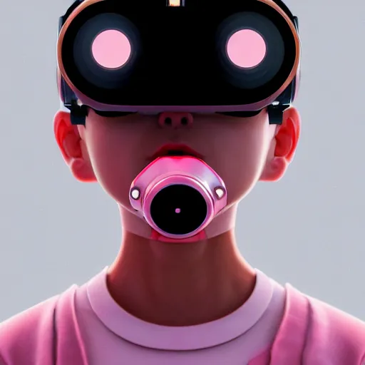 Image similar to intense futuristic bespoke vr headset respirator on a set of twin ninja hypebeasts, by ilya kuvshinov and james jean and sorayama and ikeuchi and hiroya oku and gilleard james, artstation trending, 8 k, 3 d render, photorealistic, volumetric lighting caustics, pink