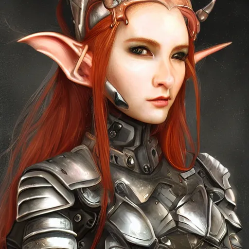 Image similar to portrait of a female elf orc by ayami kojima, she is about 2 0 years old, american pretty, copper hair, annoying but friendly, she is wearing a modern tactical gear, scifi, highly detailed portrait, digital painting, artstation, concept art, smooth, sharp foccus ilustration, artstation hq