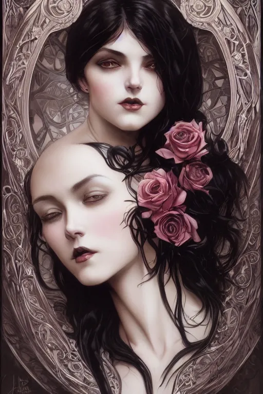 Prompt: beautiful gothic female with black roses surrounding her, Black Hair, intricate, elegant, highly detailed, digital painting, artstation, concept art, smooth, sharp, focus, illustration, art by artgerm and greg rutkowski and alphonse mucha