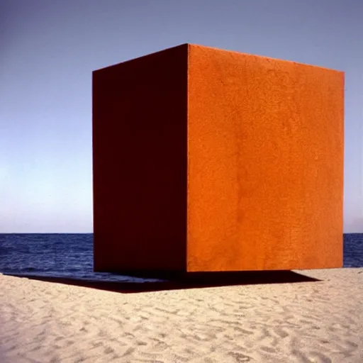 Image similar to A cube in the middle of the sea in the style of Richard Serra