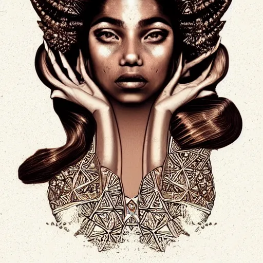 Image similar to vintage portrait of modern mermaid queen, zoom, rule of thirds, atmosphere, intricate, regal, latinas, ( brown skin ), symmetrical!!, loreal, maybelline, sephora, loreal, artstation, art by michael william kaluta and jose tapior y baro, ( ( cinematic ) ), concept art, filmic, vsco