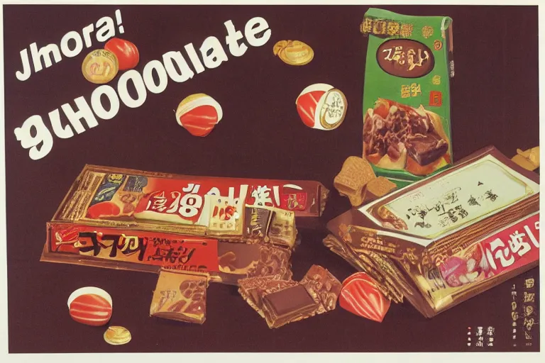 Prompt: chocolate advertisment, still life, 1 9 7 0 s japan shouwa advertisement, print, nostalgic