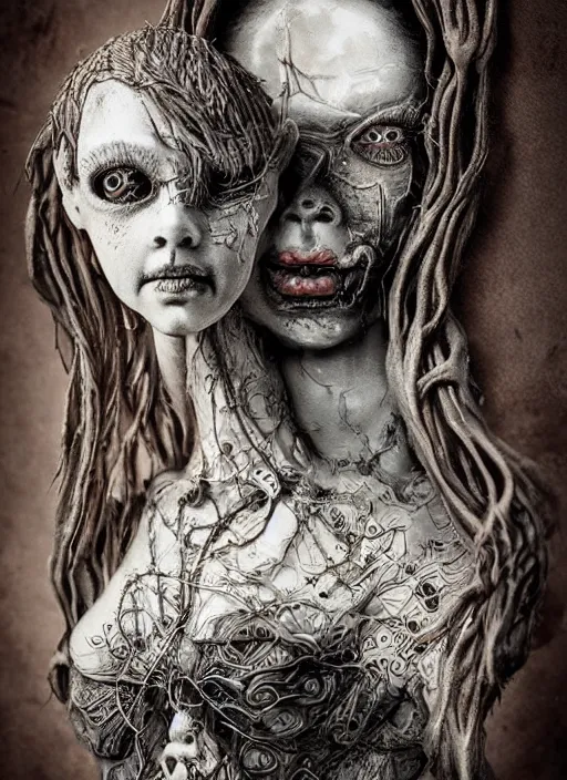 Image similar to portrait of a creepy sculpture, doll eyes, intricate, highly detailed, smooth, digital illustration, the dark and quirky art of scott radke