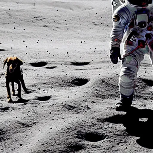 Prompt: a child taking his dog for a walk on the moon near the human settlement