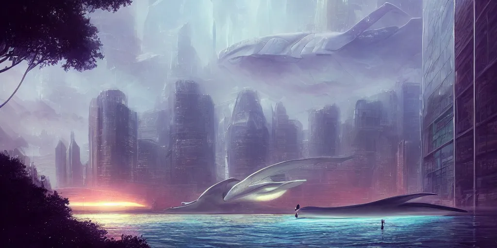 Image similar to a science - fiction city by the lake, with gigantic futuristic buildings, a whale in the sky, midnight, andreas rocha, krenz cushart, artstation, concept art, smooth, sharp focus, 8 k, octane render, volumetric, vivid, beautiful, hyperrealism, pearlescent, reflective, shimmering, highly detailed,