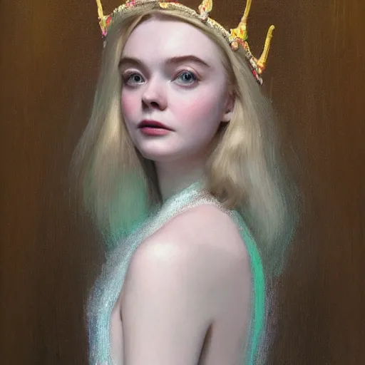 Prompt: Elle Fanning wearing a crown in the style of Paola Vetri, head and shoulders portrait, stormy weather, extremely detailed masterpiece, oil on canvas, low-key neon lighting, artstation, Blade Runner 2049, Roger Deakin’s cinematography, by J. C. Leyendecker and Peter Paul Rubens and Edward Hopper and Michael Sowa,