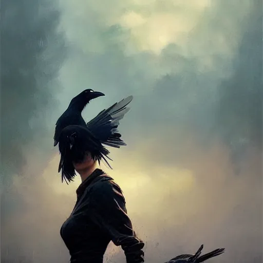 Image similar to morning, a woman in a black dress with a raven head. no face. sun, cinematic, clouds, vogue cover style, contracting colors mood, realistic painting, intricate oil painting, high detail, figurative art, poster art, by simon bisley, ismail inceoglu, wadim kashin, filip hodas. pixar theme.