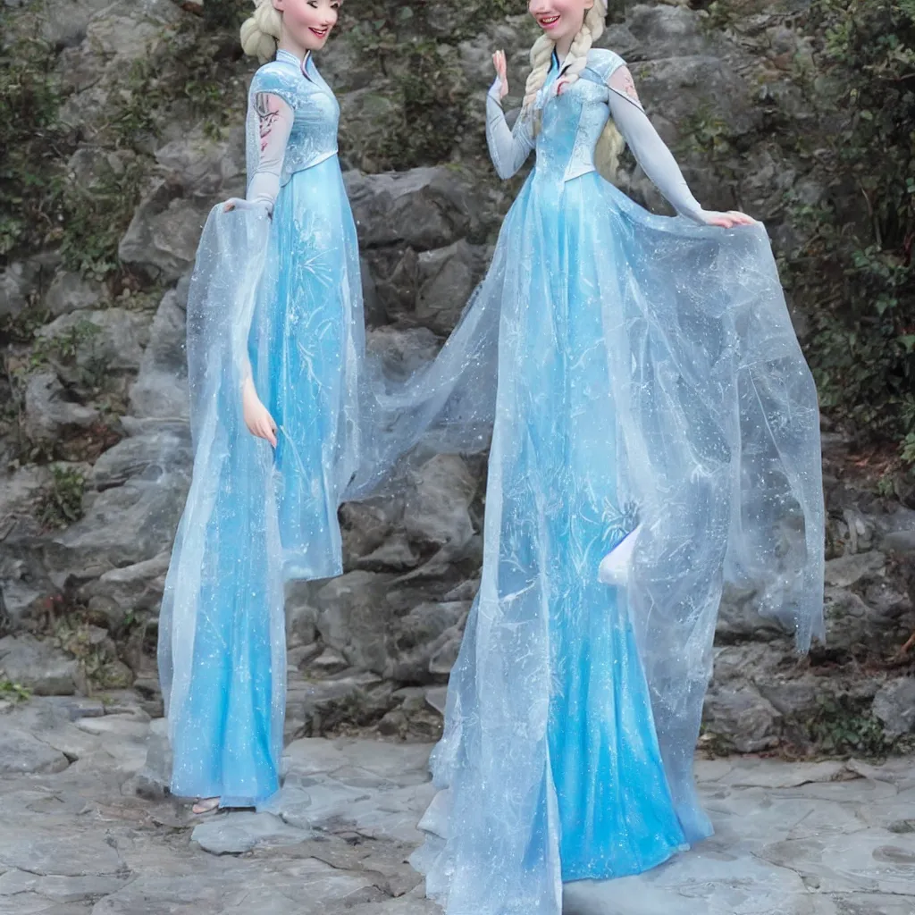 Prompt: elsa is wearing a cheongsam, frozen, disney style, full body.