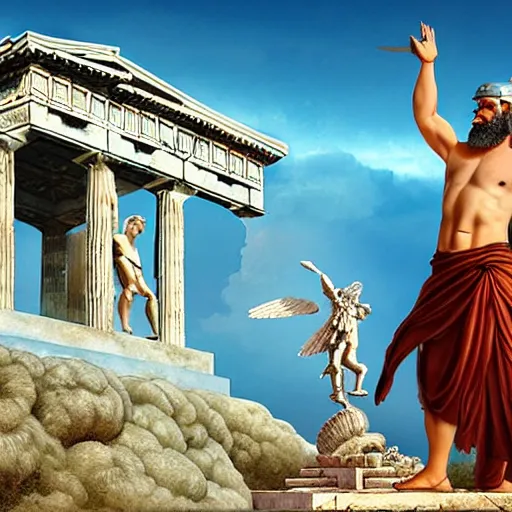 Image similar to tiny greek goddess in steel helmet standing on a giant greek bearded male head of Zeus, greek temple of olympus glory island, late afternoon light, wispy clouds in a blue sky, by frank lloyd wright and greg rutkowski and ruan jia