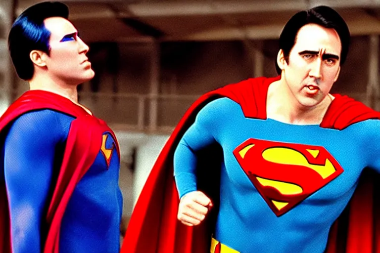 Prompt: nicholas cage as superman in the 1 9 9 0's, superhero film