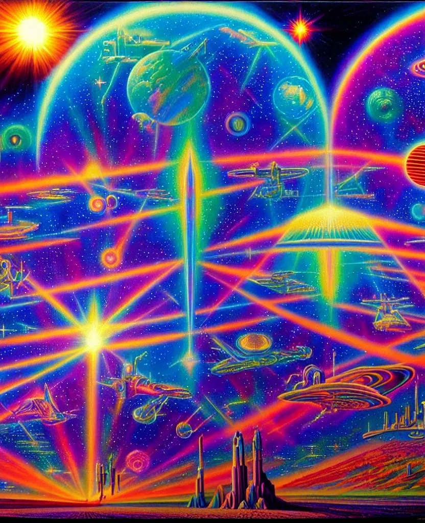 Image similar to a beautiful colorful iridescent holographic future for humanity, spiritual science, divinity, utopian, heaven on earth by david a. hardy, wpa, public works mural, socialist