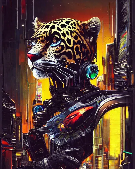 Prompt: a portrait of an anthropomorphic cyberpunk jaguar by sandra chevrier, by jon foster, detailed render, tape deck, epic composition, cybernetics, 4 k realistic, cryengine, realistic shaded lighting, sharp focus, masterpiece, by enki bilal