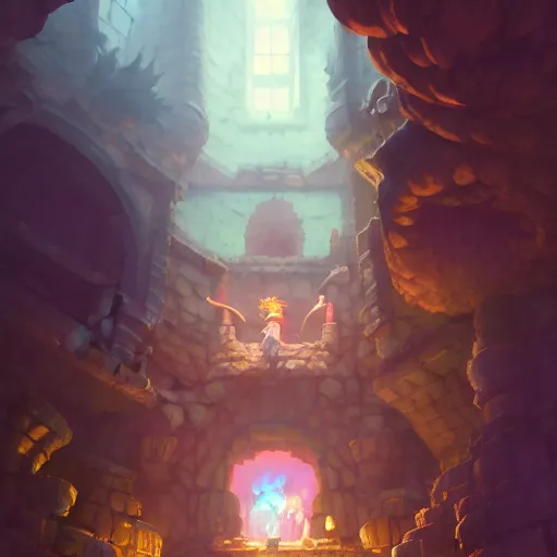 Image similar to key shot of ancient underground dungeon, studio ghibli, bloom, anime key art, gloomhaven, organic painting, hard edges, luminescent, octane render, by greg manchess, huang guangjian, gil elvgren, sachin teng, greg rutkowski, jesper ejsing, rhads, cushart krenz, anton fadeev