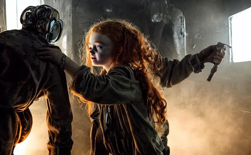 Prompt: scary machine monster grabs sadie sink dressed as a miner : a scifi cyberpunk film from 1 9 8 0 s. by steven spielberg and james cameron. low grain film stock. moody cinematic atmosphere, detailed and intricate environment