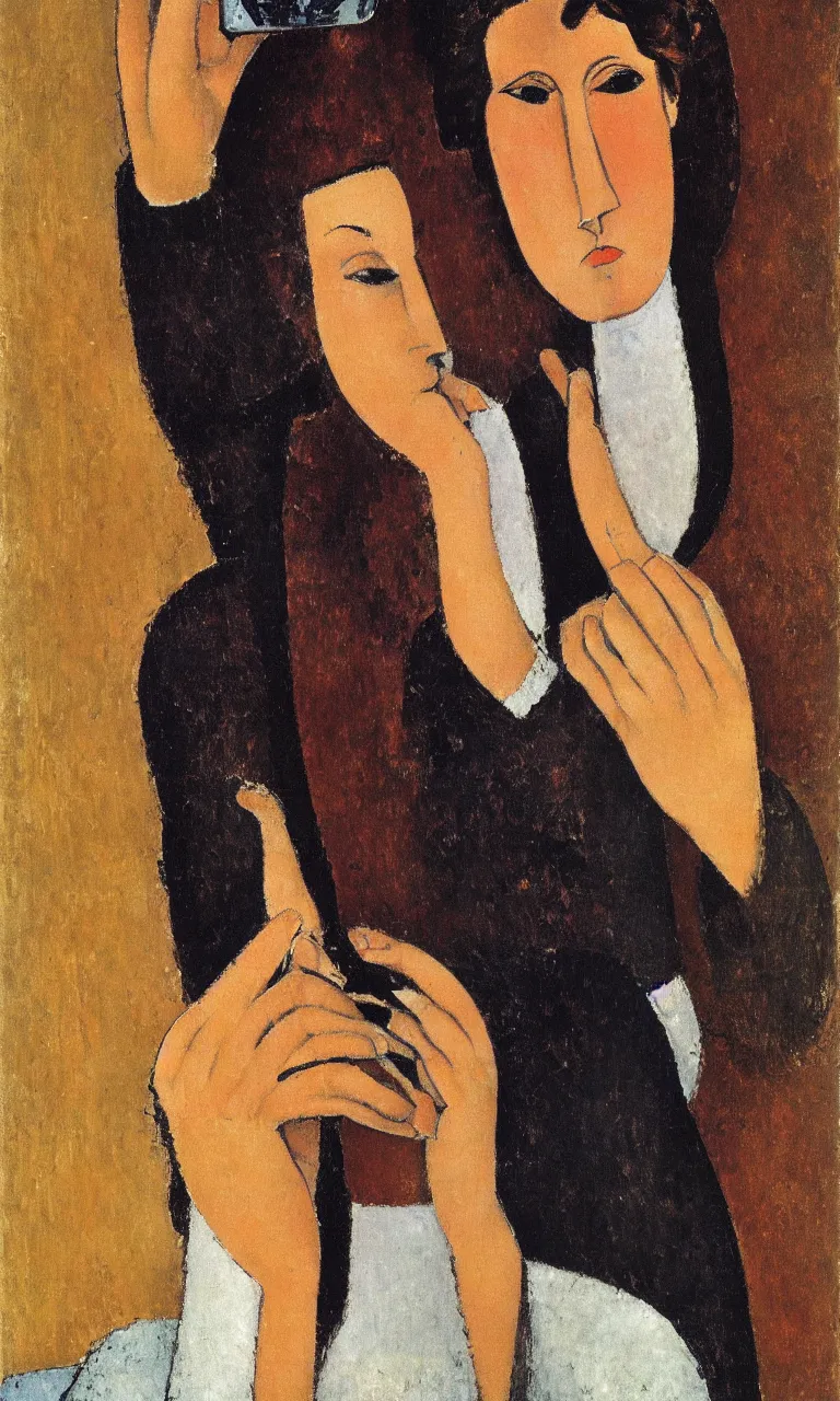 Image similar to amedeo modigliani. close up portrait of a woman with brown hair and a blue rollneck sweather holding an iphone in her hand. very soft brush.