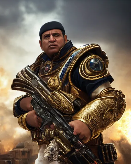 Prompt: muammar kadhafi as emperor napoleon in gears of war, splash art, movie still, cinematic lighting, dramatic, octane render, long lens, shallow depth of field, bokeh, anamorphic lens flare, 8 k, hyper detailed, 3 5 mm film grain