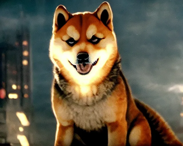 Prompt: godzilla as a shiba inu in a Godzilla: King of the Monsters still film directed by Christopher Nolan, shooting beams from its mouth and toppling over cities, epic action scene