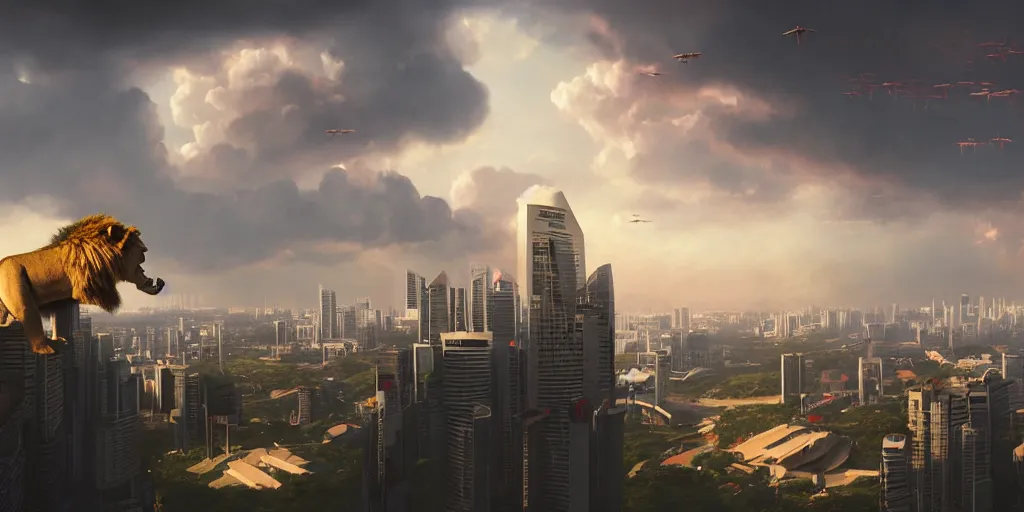 Image similar to Singapore city with a lion-shaped cloud in the sky and a squadron of chinooks flying in the sky, by greg rutkowski, red and white lighting, digital art, ultra realistic, ultra detailed, photorealistic, 4k, character concept