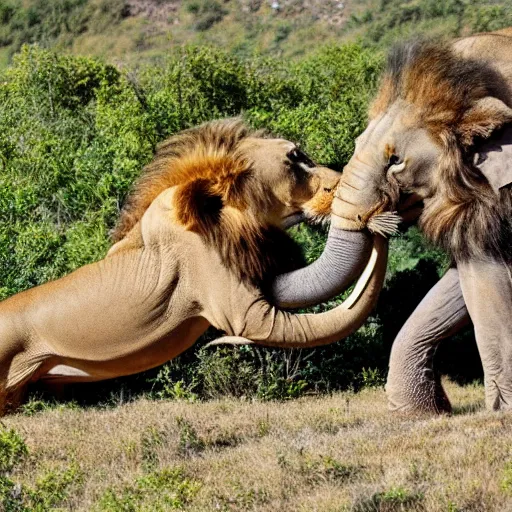 Prompt: a 4 k photo of a lion attacking an elephant on a hill