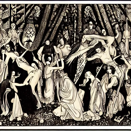 Prompt: dslr photo of pagan rituals, high resolution, f 2. 8, iso 4 0 0,, 4 k, photorealistic, cinematic, masterpiece, by aubrey beardsley,